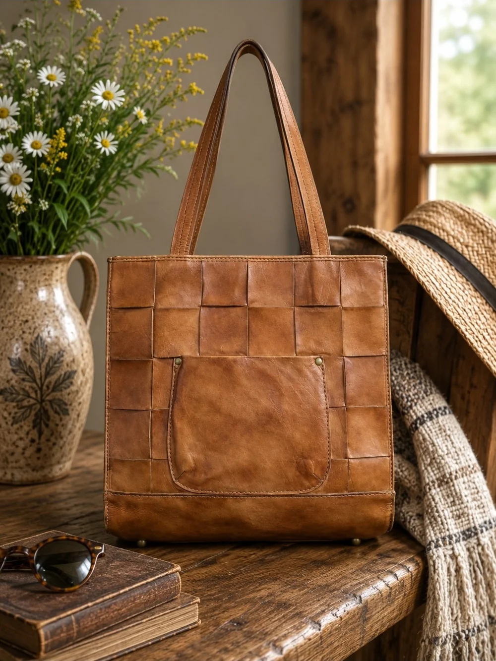 Patricia Nash Woven Patchwork Leather Tote Bag Brown Shoulder Purse